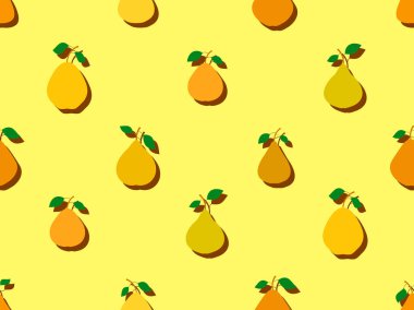 Düz şekilli, gölgeli armut deseni. Olgun armutlar ve iki yaprak. Duvar kağıtları, ambalaj kağıtları, afişler ve posterler için armutlarla dolu meyve arkaplanı. Vektör illüstrasyonu