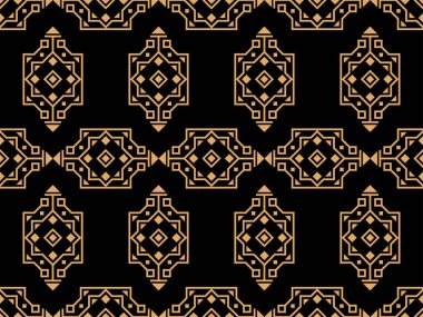 Çizgi sanatı tarzında geometrik kusursuz desen. Siyah arka planda altın çizgilerin Art deco geometrik deseni. Klasik doğrusal stil. Duvar kağıtları, ambalajlar ve afişler için tasarım. Vektör illüstrasyonu