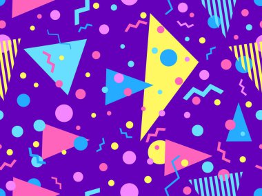80 'lerin tarzında Memphis elementleriyle geometrik kusursuz desen. Renkli geometrik desen. Promosyon ürünleri tasarımı, ambalaj kağıdı ve baskı. Vektör illüstrasyonu