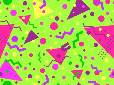 80 'lerin tarzında Memphis elementleriyle geometrik kusursuz desen. Renkli geometrik desen. Promosyon ürünleri tasarımı, ambalaj kağıdı ve baskı. Vektör illüstrasyonu