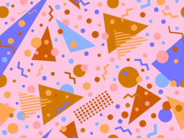 80 'ler ve 90' lar tarzında geometrik şekilli kusursuz Memphis deseni. Farklı şekil ve renklerin geometrik şekilleri. Promosyon ürünleri tasarımı, ambalaj kağıdı ve baskı. Vektör illüstrasyonu