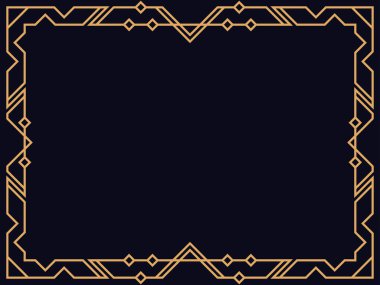 Art deco çerçeve. Klasik doğrusal sınır. Davetiyeler, broşürler ve tebrik kartları için bir şablon tasarla. Geometrik altın çerçeveli. 1920 'lerin tarzı - 1930' lar. Vektör illüstrasyonu