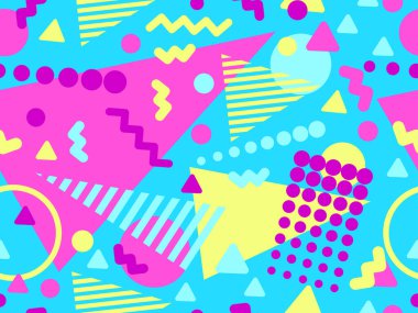 80 'lerin tarzında Memphis elementleriyle geometrik kusursuz desen. Renkli geometrik desen. Promosyon ürünleri tasarımı, ambalaj kağıdı ve baskı. Vektör illüstrasyonu