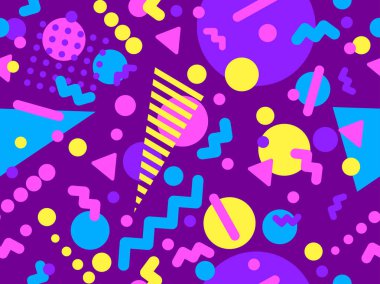 80 'ler ve 90' lar tarzında geometrik şekilli kusursuz Memphis deseni. Farklı şekil ve renklerin geometrik şekilleri. Promosyon ürünleri tasarımı, ambalaj kağıdı ve baskı. Vektör illüstrasyonu