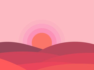 Gün batımında minimalist boho tarzında dalgalı bir manzara. Kum tepeleri ve güneşli bir çöl manzarası. Tepelerin manzarası. Baskı afişleri, posterler, kitap kapakları için tasarım. Vektör illüstrasyonu