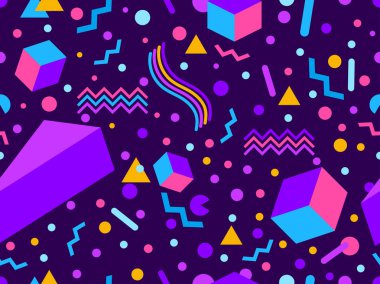 80 'lerin tarzında Memphis elementleriyle geometrik kusursuz desen. Renkli geometrik desen. Promosyon ürünleri tasarımı, ambalaj kağıdı ve baskı. Vektör illüstrasyonu