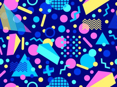 80 'lerin tarzında Memphis elementleriyle geometrik kusursuz desen. Renkli geometrik desen. Promosyon ürünleri tasarımı, ambalaj kağıdı ve baskı. Vektör illüstrasyonu