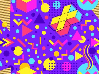 80 'lerin tarzında Memphis elementleriyle geometrik kusursuz desen. Renkli geometrik desen. Promosyon ürünleri tasarımı, ambalaj kağıdı ve baskı. Vektör illüstrasyonu