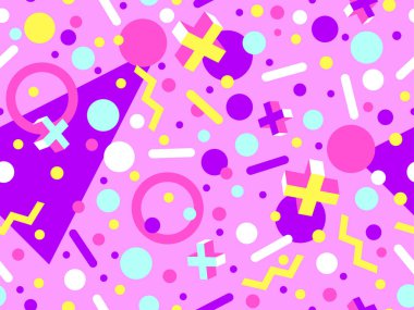 80 'lerin tarzında Memphis elementleriyle geometrik kusursuz desen. Renkli geometrik desen. Promosyon ürünleri tasarımı, ambalaj kağıdı ve baskı. Vektör illüstrasyonu