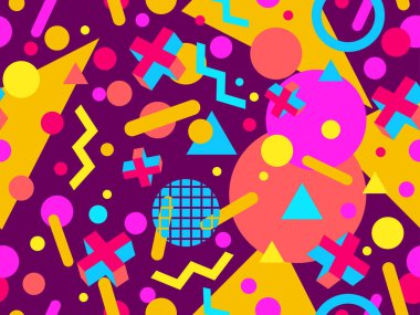 80 'lerin tarzında Memphis elementleriyle geometrik kusursuz desen. Renkli geometrik desen. Promosyon ürünleri tasarımı, ambalaj kağıdı ve baskı. Vektör illüstrasyonu