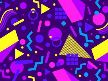 80 'lerin tarzında Memphis elementleriyle geometrik kusursuz desen. Renkli geometrik desen. Promosyon ürünleri tasarımı, ambalaj kağıdı ve baskı. Vektör illüstrasyonu