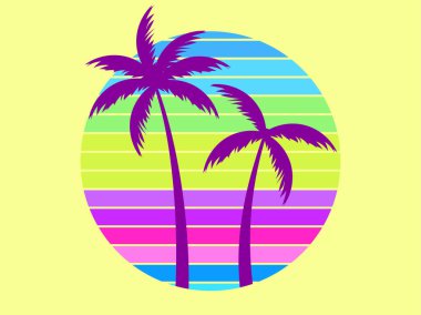 Tropical palm trees at sunset in a futuristic 80s style. Summer time, silhouettes of palm trees in synthwave and retrowave style. Design of advertising booklets and banners. Vector illustration