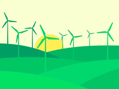 Yeşil tepeli manzara ve rüzgar türbinlerinin siluetleri. Yeşil enerji konsepti. Yenilenebilir enerji, çevre dostu elektrik üretimi. Temiz rüzgar enerjisi. Vektör illüstrasyonu
