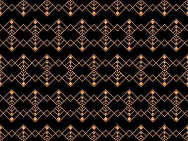 Çizgi sanatı tarzında geometrik kusursuz desen. Siyah arka planda altın çizgilerin Art deco geometrik deseni. Klasik doğrusal stil. Duvar kağıtları, ambalajlar ve afişler için tasarım. Vektör illüstrasyonu