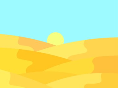 Çöl manzarası, kum tepeleri ve güneş minimalist bir şekilde. Güneşli, dalgalı çöl manzarası. Baskı afişleri, posterler, kitap kapakları için tasarım. Vektör illüstrasyonu