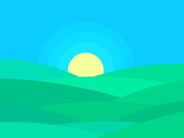 Yeşil tepeli dalgalı bir manzara ve ufukta güneş var. Minimalist tarzda yeşil çayırlı şafak. Posterler, baskılar ve afişler için tasarım. Vektör illüstrasyonu