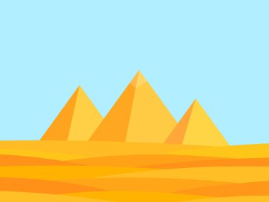Kum tepeleri ve Mısır piramitleri olan çöl manzarası. Minimalist tarzda dalgalı bir manzara. Çölün ve piramitlerin manzarası. Duvar kağıtları, afişler ve posterler için tasarım. Vektör illüstrasyonu