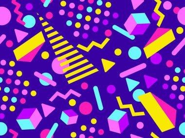 80 'lerin tarzında 3 boyutlu geometrik kusursuz desen. 3D izometrik üçgenler, zik zaklar ve daireler. Geometrik memphis tarzı. Promosyon ürünleri, ambalaj kağıdı ve baskı için tasarım. Vektör illüstrasyonu