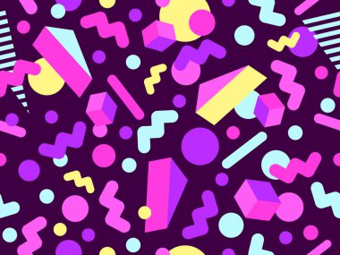 80 'lerin tarzında 3 boyutlu geometrik kusursuz desen. 3D izometrik üçgenler, zik zaklar ve daireler. Geometrik memphis tarzı. Promosyon ürünleri, ambalaj kağıdı ve baskı için tasarım. Vektör illüstrasyonu