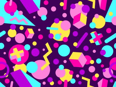 80 'lerin tarzında 3 boyutlu geometrik kusursuz desen. 3D izometrik üçgenler, zik zaklar ve daireler. Geometrik memphis tarzı. Promosyon ürünleri, ambalaj kağıdı ve baskı için tasarım. Vektör illüstrasyonu