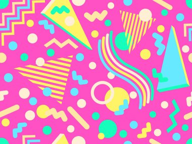 80 'ler ve 90' lar tarzında 3 boyutlu şekilleri olan geometrik dikişsiz desen. Memphis tarzında Isometric 3 boyutlu şekiller. Promosyon ürünleri tasarımı, ambalaj kağıdı ve baskı. Vektör illüstrasyonu