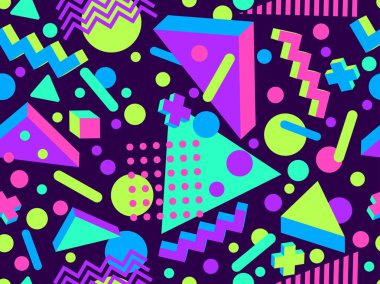 80 'ler ve 90' lar tarzında 3 boyutlu şekilleri olan geometrik dikişsiz desen. Memphis tarzında Isometric 3 boyutlu şekiller. Promosyon ürünleri tasarımı, ambalaj kağıdı ve baskı. Vektör illüstrasyonu