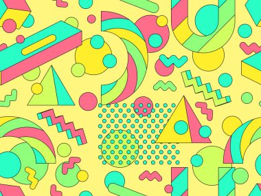 80 'ler ve 90' lar tarzında 3 boyutlu şekilleri olan Memphis geometrik kusursuz desen. Renkli şeker rengi paleti. İzometrik geometrik üç boyutlu şekiller. Duvar kağıtları, afişler ve posterler için tasarım. Vektör illüstrasyonu