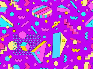 80 'ler ve 90' lar tarzında 3 boyutlu şekilleri olan Memphis geometrik kusursuz desen. Renkli şeker rengi paleti. İzometrik geometrik üç boyutlu şekiller. Duvar kağıtları, afişler ve posterler için tasarım. Vektör illüstrasyonu