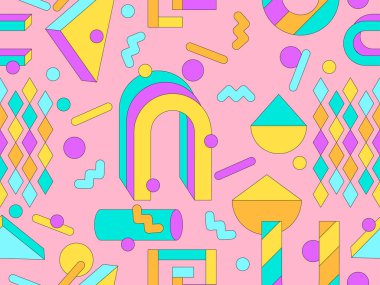 80 'ler ve 90' lar tarzında 3 boyutlu şekilleri olan Memphis geometrik kusursuz desen. Renkli şeker rengi paleti. İzometrik geometrik üç boyutlu şekiller. Duvar kağıtları, afişler ve posterler için tasarım. Vektör illüstrasyonu