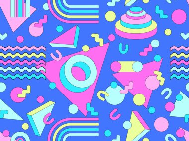 80 'ler ve 90' lar tarzında 3 boyutlu şekilleri olan Memphis geometrik kusursuz desen. Renkli şeker rengi paleti. İzometrik geometrik üç boyutlu şekiller. Duvar kağıtları, afişler ve posterler için tasarım. Vektör illüstrasyonu