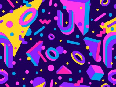 80 'ler ve 90' lar tarzında 3 boyutlu şekilleri olan Memphis geometrik kusursuz desen. İzometrik geometrik üç boyutlu şekiller. Ambalajlar, kapaklar ve duvar kağıtları için renkli geometrik arkaplan tasarımı. Vektör illüstrasyonu