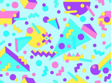 80 'ler ve 90' lar tarzında 3 boyutlu şekilleri olan Memphis geometrik kusursuz desen. İzometrik geometrik üç boyutlu şekiller. Ambalajlar, kapaklar ve duvar kağıtları için renkli geometrik arkaplan tasarımı. Vektör illüstrasyonu