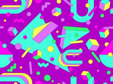 80 'ler ve 90' lar tarzında 3 boyutlu şekilleri olan Memphis geometrik kusursuz desen. İzometrik geometrik üç boyutlu şekiller. Ambalajlar, kapaklar ve duvar kağıtları için renkli geometrik arkaplan tasarımı. Vektör illüstrasyonu