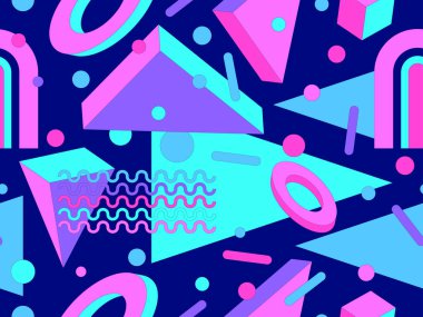 80 'ler ve 90' lar tarzında 3 boyutlu şekilleri olan Memphis geometrik kusursuz desen. İzometrik geometrik üç boyutlu şekiller. Ambalajlar, kapaklar ve duvar kağıtları için renkli geometrik arkaplan tasarımı. Vektör illüstrasyonu