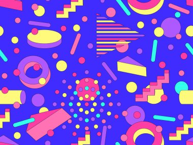 80 'ler ve 90' lar tarzında 3 boyutlu şekilleri olan Memphis geometrik kusursuz desen. İzometrik geometrik üç boyutlu şekiller. Ambalajlar, kapaklar ve duvar kağıtları için renkli geometrik arkaplan tasarımı. Vektör illüstrasyonu