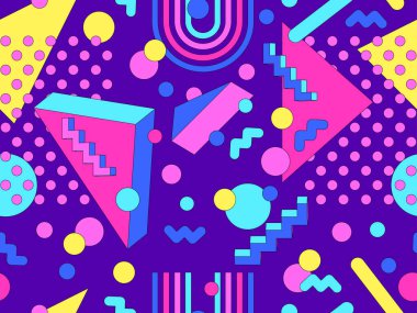 80 'ler ve 90' lar tarzında 3 boyutlu şekilleri olan Memphis geometrik kusursuz desen. İzometrik geometrik üç boyutlu şekiller. Ambalajlar, kapaklar ve duvar kağıtları için renkli geometrik arkaplan tasarımı. Vektör illüstrasyonu