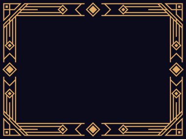 Art deco çerçeve. Klasik doğrusal sınır. Davetiyeler, broşürler ve tebrik kartları için bir şablon tasarla. Geometrik altın çerçeveli. 1920 'lerin tarzı - 1930' lar. Vektör illüstrasyonu