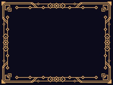 Art deco çerçeve. Klasik doğrusal sınır. Davetiyeler, broşürler ve tebrik kartları için bir şablon tasarla. Geometrik altın çerçeveli. 1920 'lerin tarzı - 1930' lar. Vektör illüstrasyonu