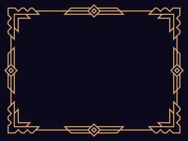 Art deco çerçeve. Klasik doğrusal sınır. Davetiyeler, broşürler ve tebrik kartları için bir şablon tasarla. Geometrik altın çerçeveli. 1920 'lerin tarzı - 1930' lar. Vektör illüstrasyonu