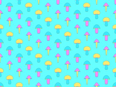 Mantarlar pürüzsüz. 80 'lerin renk şemasına göre farklı şekillerde mantarlar. Sarı, mavi ve pembe renkli mantarlar. Duvar kağıtları, ambalajlar, kapaklar için tasarım. Vektör illüstrasyonu