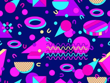 80 'ler ve 90' lar tarzında 3 boyutlu şekilleri olan Memphis geometrik kusursuz desen. İzometrik geometrik üç boyutlu şekiller. Ambalajlar, kapaklar ve duvar kağıtları için renkli geometrik arkaplan tasarımı. Vektör illüstrasyonu