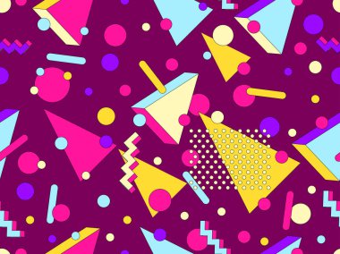80 'ler ve 90' lar tarzında 3 boyutlu şekilleri olan Memphis geometrik kusursuz desen. İzometrik geometrik üç boyutlu şekiller. Ambalajlar, kapaklar ve duvar kağıtları için renkli geometrik arkaplan tasarımı. Vektör illüstrasyonu