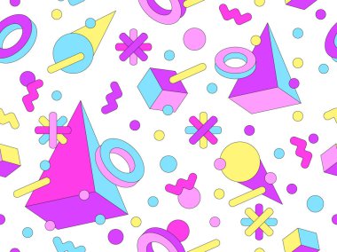 80 'ler ve 90' lar tarzında 3 boyutlu şekilleri olan Memphis geometrik kusursuz desen. İzometrik geometrik üç boyutlu şekiller. Ambalajlar, kapaklar ve duvar kağıtları için renkli geometrik arkaplan tasarımı. Vektör illüstrasyonu