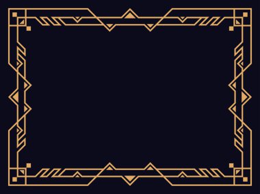 Art deco çerçeve. Klasik doğrusal sınır. Davetiyeler, broşürler ve tebrik kartları için bir şablon tasarla. Geometrik altın çerçeveli. 1920 'lerin tarzı - 1930' lar. Vektör illüstrasyonu