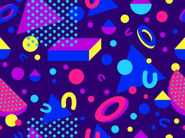 80 'ler ve 90' lar tarzında 3 boyutlu şekilleri olan Memphis geometrik kusursuz desen. İzometrik geometrik üç boyutlu şekiller. Ambalajlar, kapaklar ve duvar kağıtları için renkli geometrik arkaplan tasarımı. Vektör illüstrasyonu