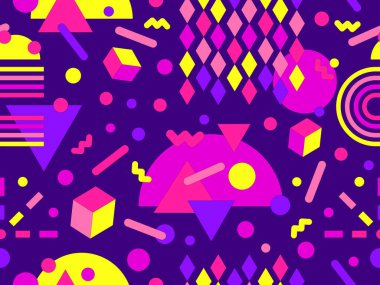 80 'lerin tarzında Memphis elementleriyle geometrik kusursuz desen. Renkli geometrik desen. Promosyon ürünleri tasarımı, ambalaj kağıdı ve baskı. Vektör illüstrasyonu