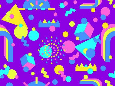 80 'lerin tarzında Memphis elementleriyle geometrik kusursuz desen. Renkli geometrik desen. Promosyon ürünleri tasarımı, ambalaj kağıdı ve baskı. Vektör illüstrasyonu