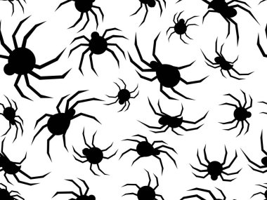 Karadul kusursuz desen. Beyaz arka planda siyah örümcek siluetleri. Örümceğin yandan ve yukarıdan görünüşü. Baskı, afiş ve poster için tasarım. Vektör illüstrasyonu