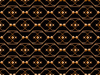 Çizgi sanatı tarzında geometrik kusursuz desen. Siyah arka planda altın çizgilerin Art deco geometrik deseni. Klasik doğrusal stil. Duvar kağıtları, ambalajlar ve afişler için tasarım. Vektör illüstrasyonu