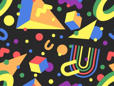 80 'lerin tarzında Memphis elementleriyle geometrik kusursuz desen. Renkli geometrik desen. Promosyon ürünleri tasarımı, ambalaj kağıdı ve baskı. Vektör illüstrasyonu